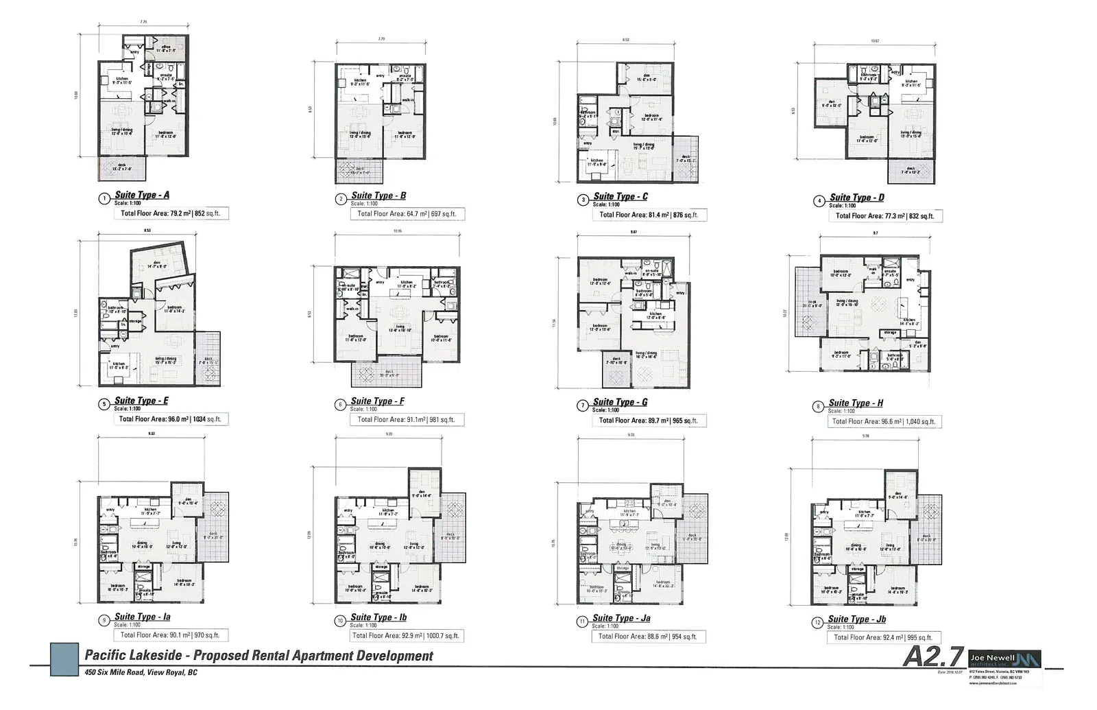Architectural drawing sheet A2.7 displaying floor plan layouts for twelve different suite types (A through Jb), including individual room labels, dimensions, and total floor areas.