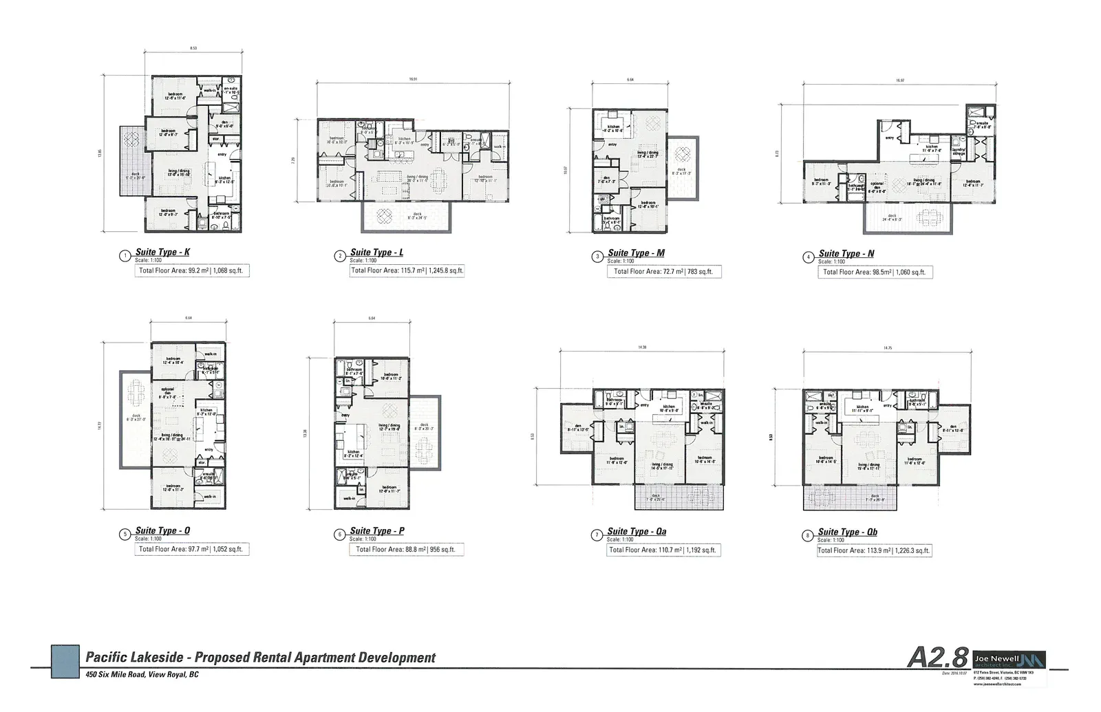 Architectural floor plans for eight different suite types, labeled K through Qb