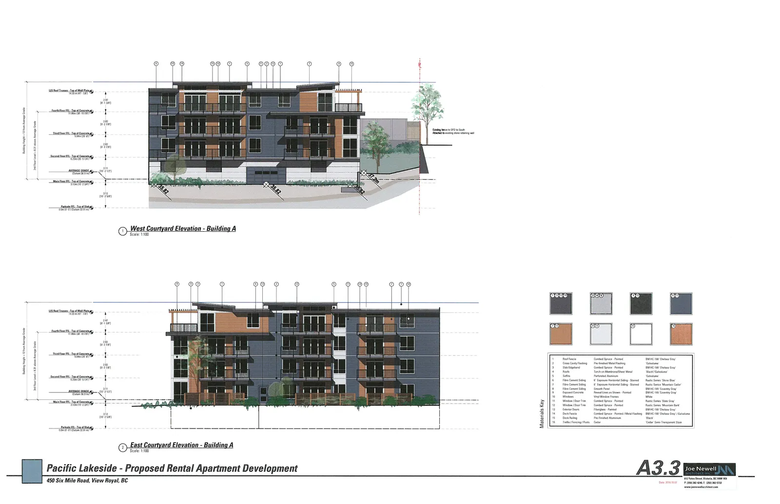 Architectural drawing sheet A3.3 showing West Courtyard and East Courtyard elevations for Building A of a proposed rental apartment development, including building height levels and a materials key.