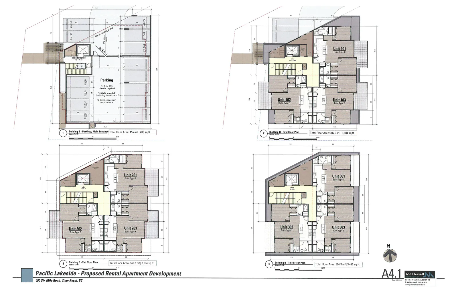 Architectural drawing sheet A4.1 containing four floor plan diagrams for Building B, including parking, first, second, and third floor levels.