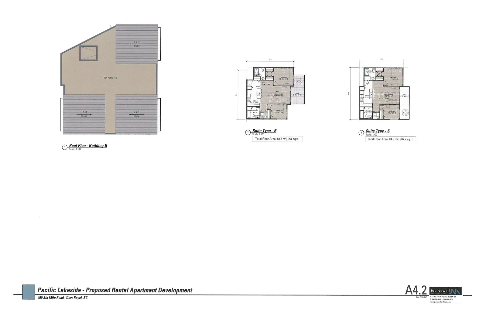 Architectural drawing sheet A4.2 showing the roof plan for Building B and floor plans for Suite Type - R and Suite Type - S.