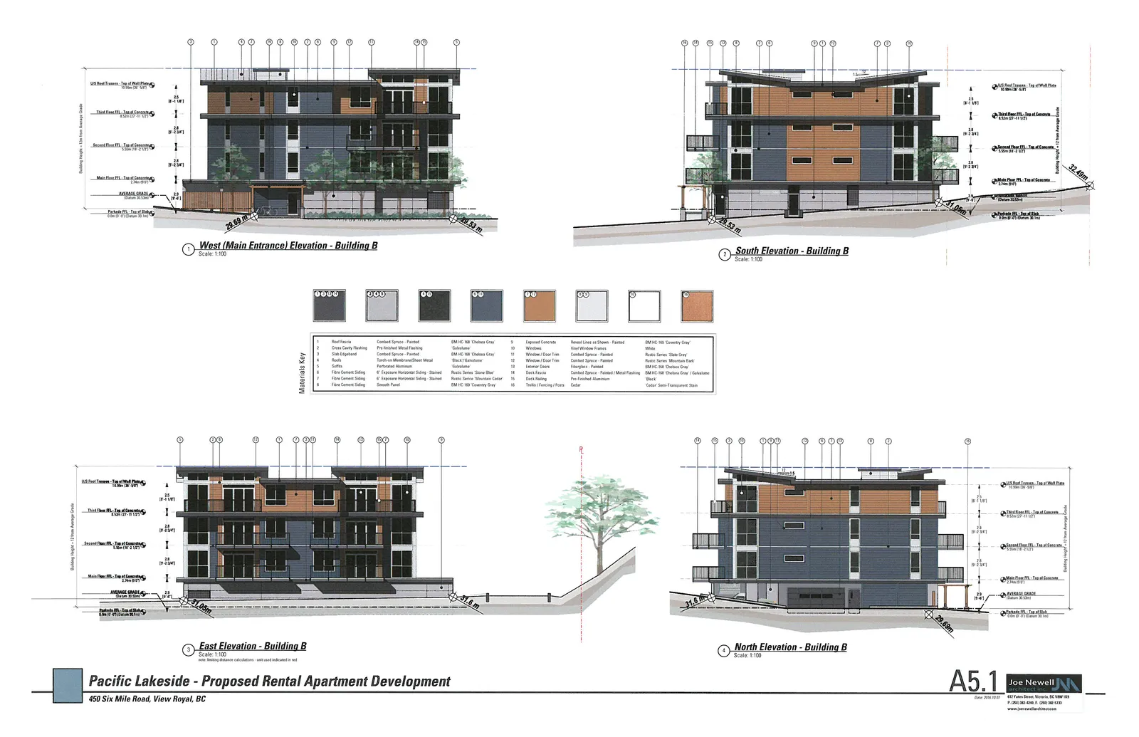 Architectural elevation drawings for Building B of the Pacific Lakeside development, including West, South, East, and North views, along with a detailed Materials Key.