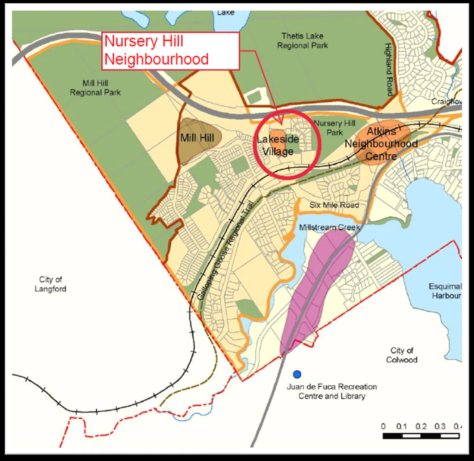 Location Plan map of the Nursery Hill Neighbourhood showing Lakeside Village, Mill Hill, and regional parks
