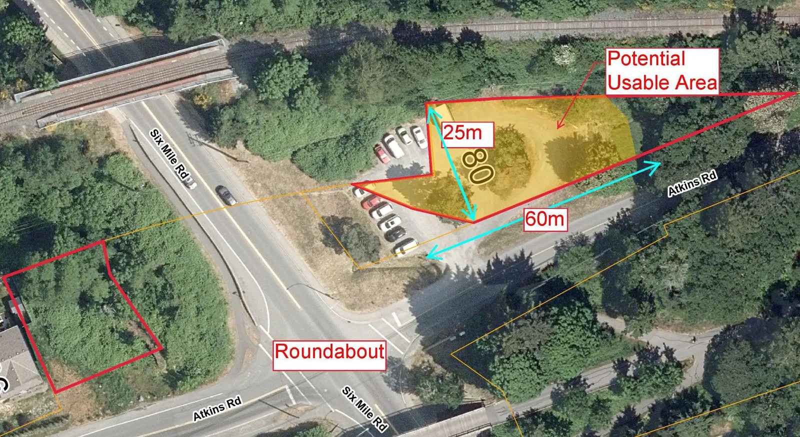 Aerial satellite view showing 80 Atkins Road property with a red boundary, marked with "Potential Usable Area", "Roundabout", and dimensions of 25m and 60m