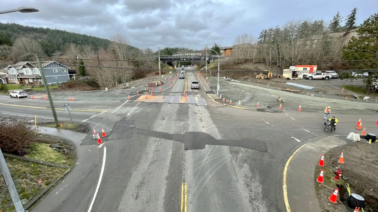 Aerial-style view of construction on the new roundabout at Six Mile Rd and Atkins Rd.