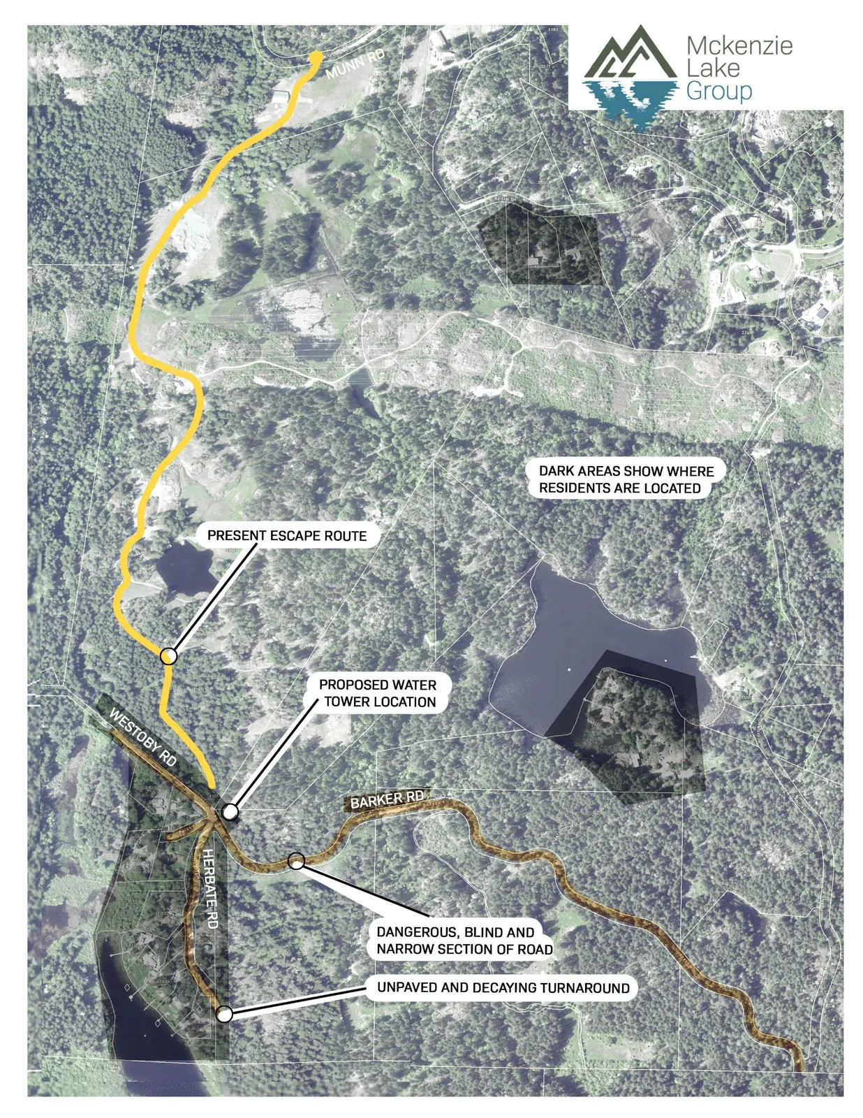 Aerial map showing current and proposed infrastructure near McKenzie Lake, highlighting escape routes, residential areas, and road safety concerns.