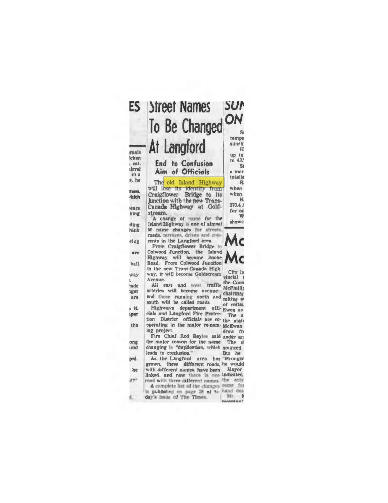 Newspaper clipping titled "Street Names To Be Changed At Langford"