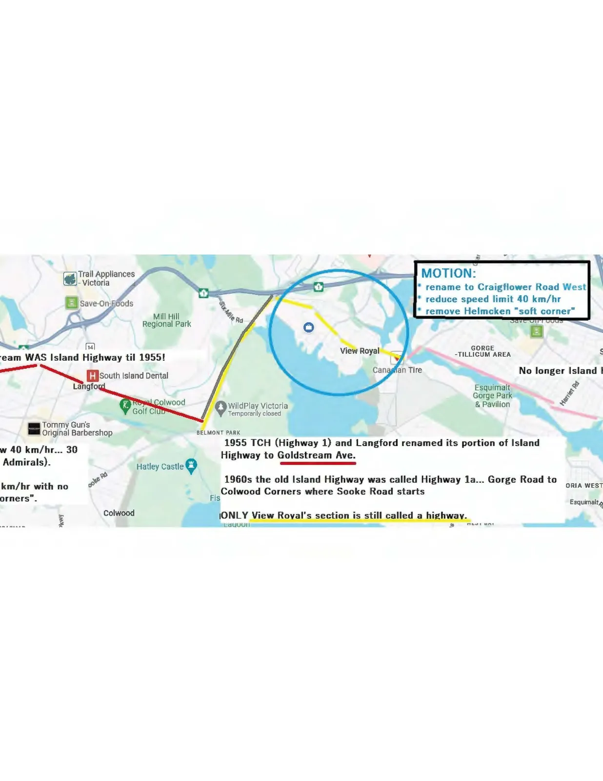 Annotated map of View Royal and surrounding areas including Langford, Colwood, and Esquimalt, detailing the history of the Island Highway and a proposed motion for road changes.