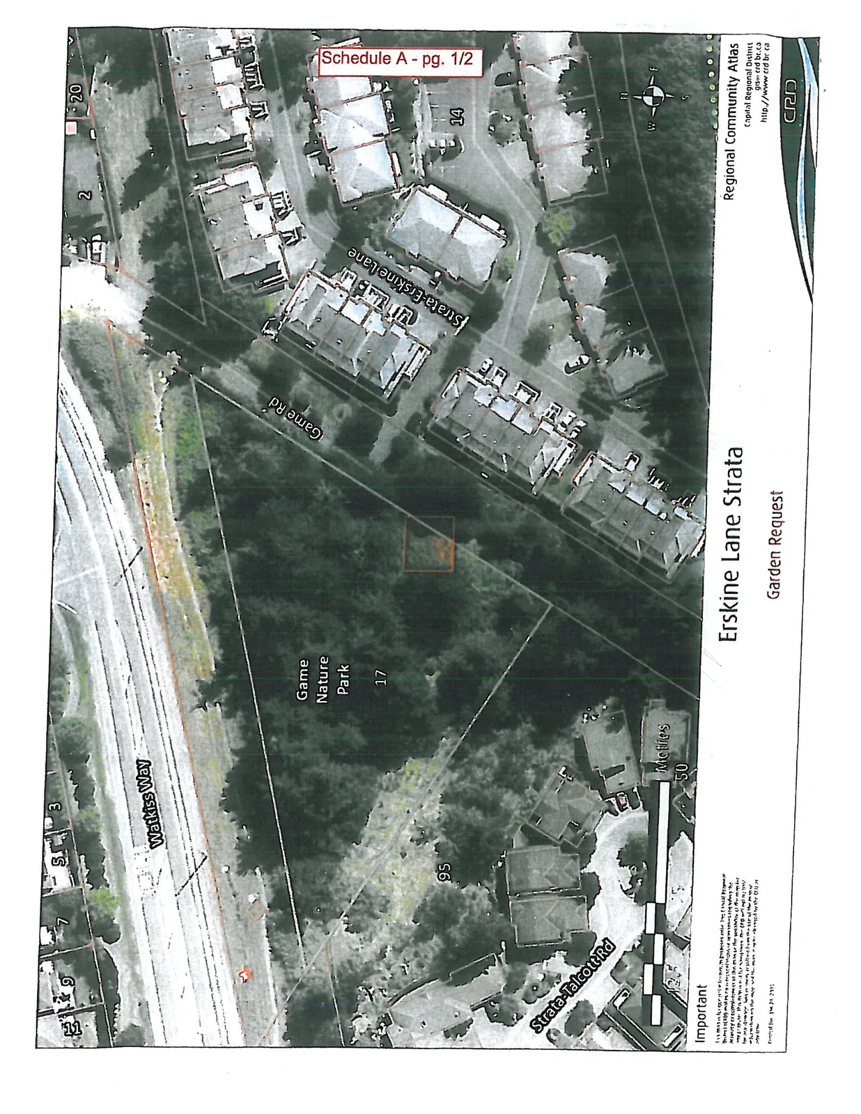 Aerial map of the Erskine Lane Strata area showing property boundaries and local landmarks including Game Nature Park, Watkiss Way, Game Rd, Strata-Erskine Lane, and Strata-Talcott Rd.