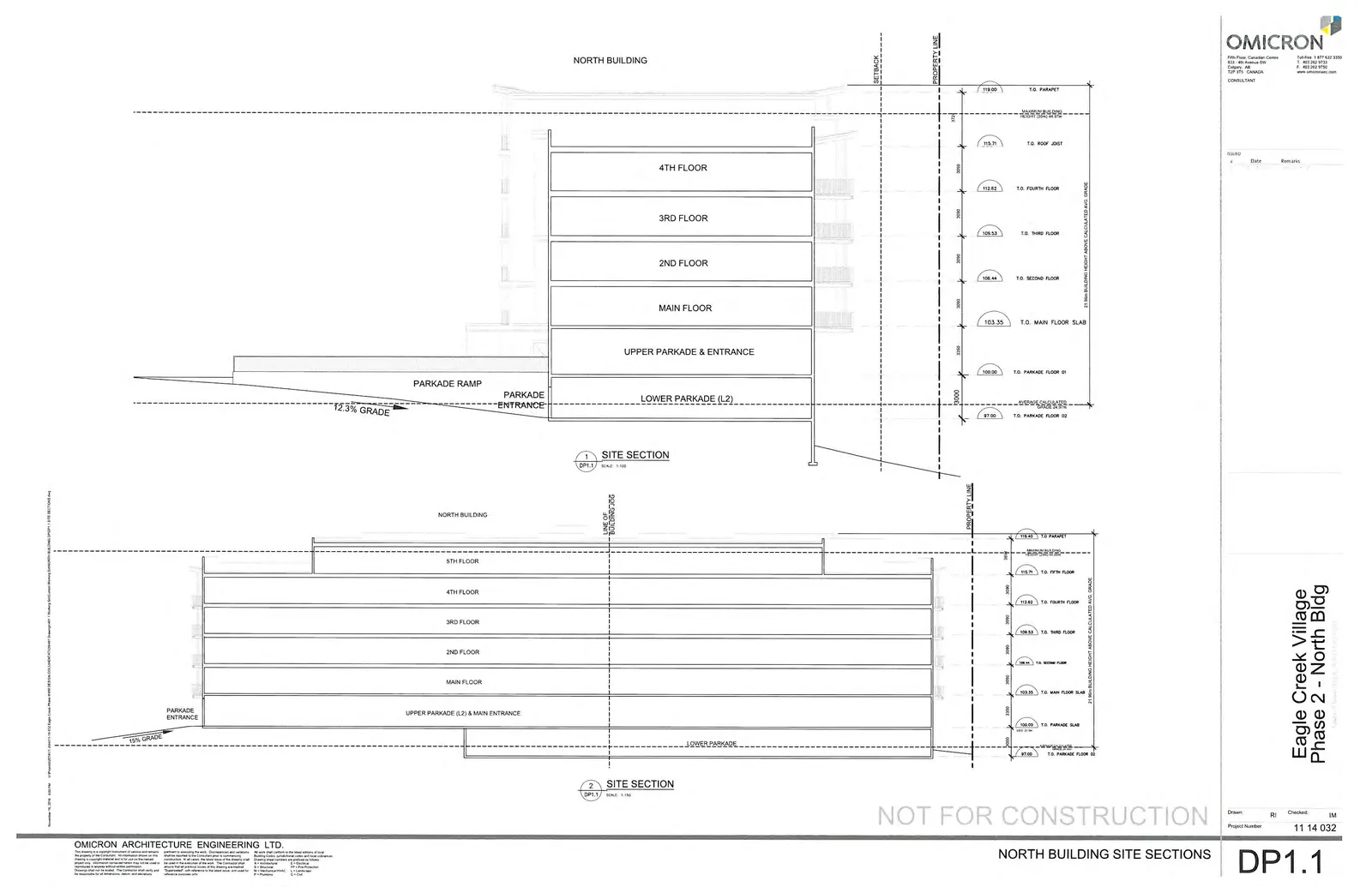 Architectural drawing DP1.1 showing two site sections (1 and 2) of the North Building with floor levels, elevations, and ramp grades.