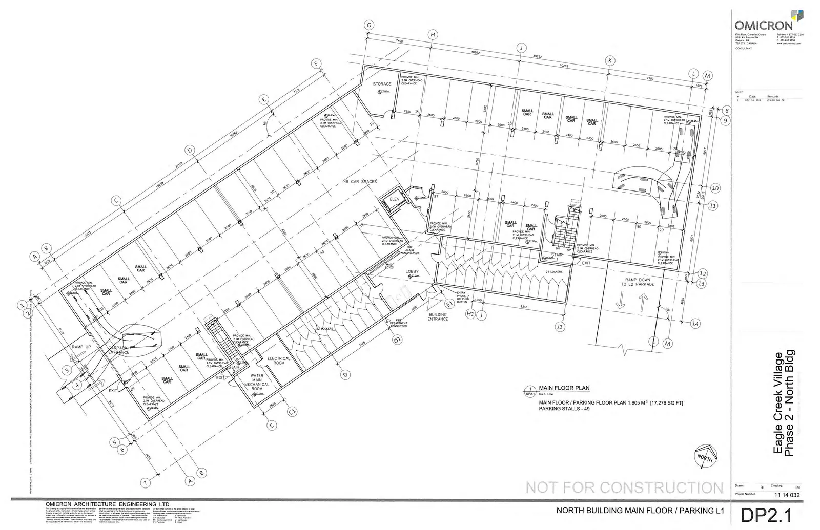 Detailed architectural floor plan for the Main Floor and Parking Level L1 of the North Building, illustrating parking stall arrangements, mechanical rooms, lobby area, vertical circulation, and vehicle ramps.