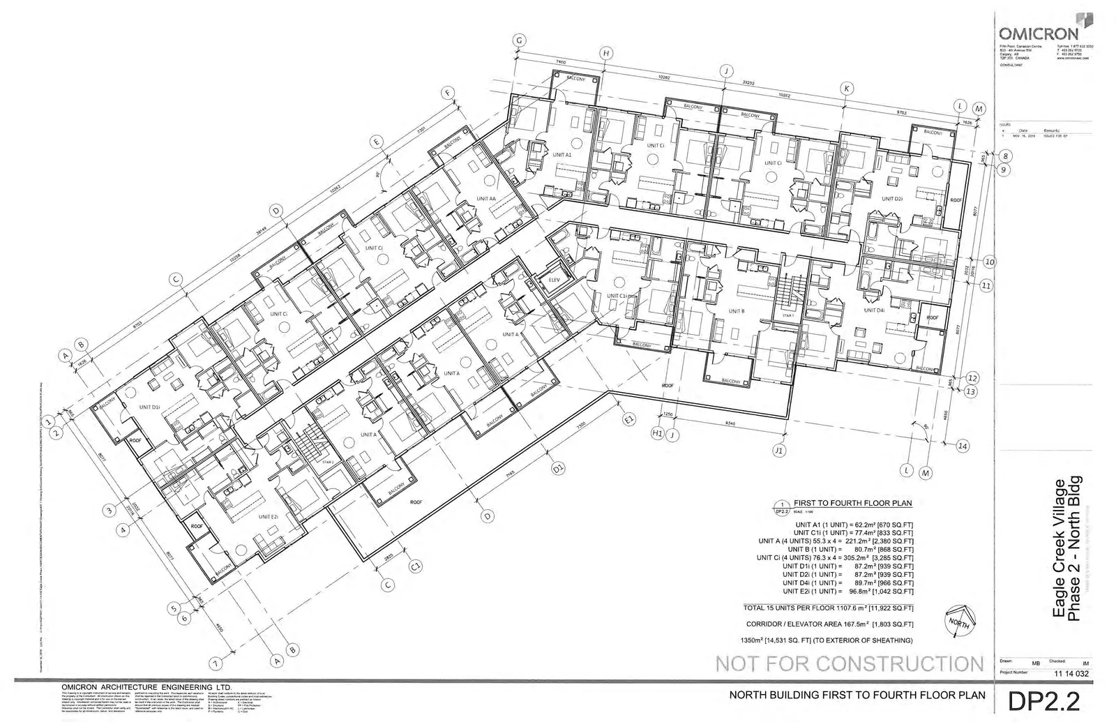 Architectural floor plan for the first to fourth floors of the North Building, detailed with unit types A, B, Ci, D, and E, including balconies, corridors, elevators, and stairs.
