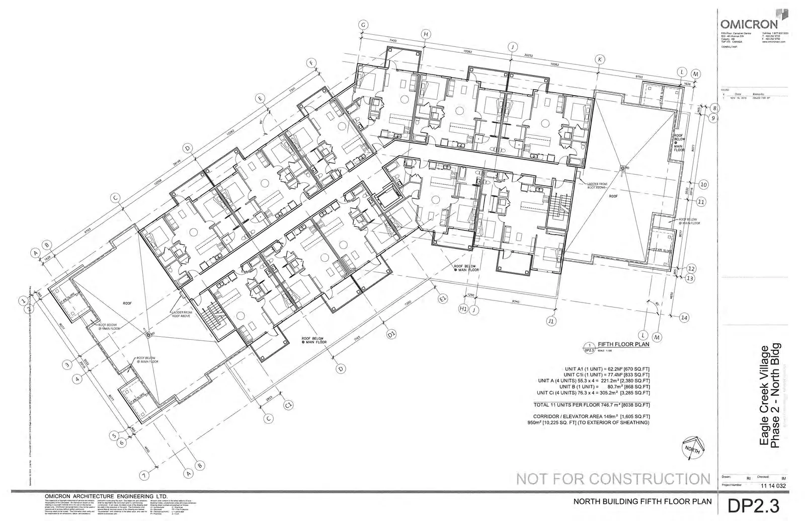 North Building Fifth Floor Plan diagram showing the layout of 11 residential units, common corridors, elevator access, and surrounding roof areas, plotted against a grid of axes labeled A through M and 1 through 14.