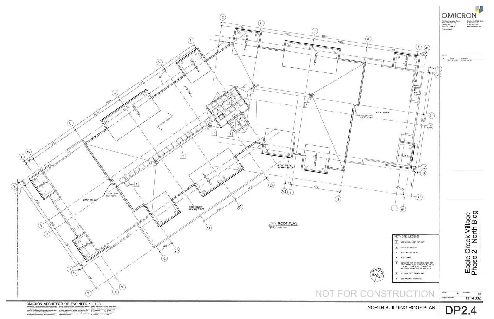 Architectural drawing of the North Building Roof Plan showing mechanical units, roof access points, roof slopes, and dimensions.