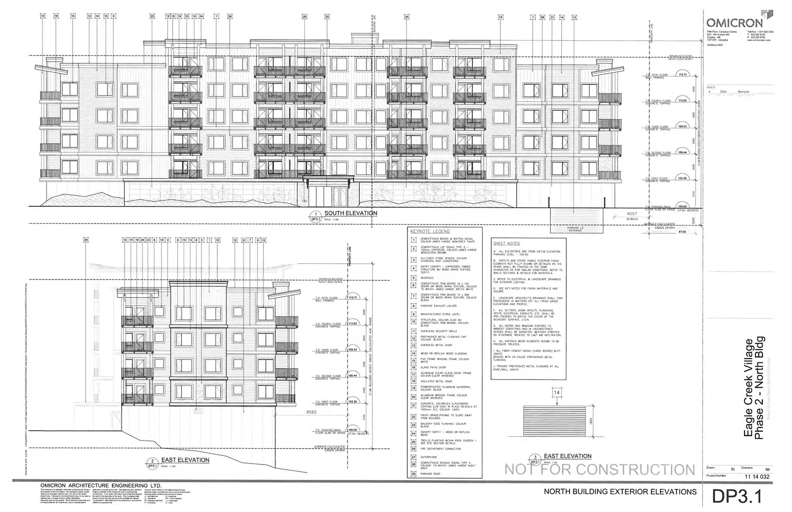 Architectural drawings of the South and East elevations for the North Building of Eagle Creek Village Phase 2, including keynote callouts and level markers.