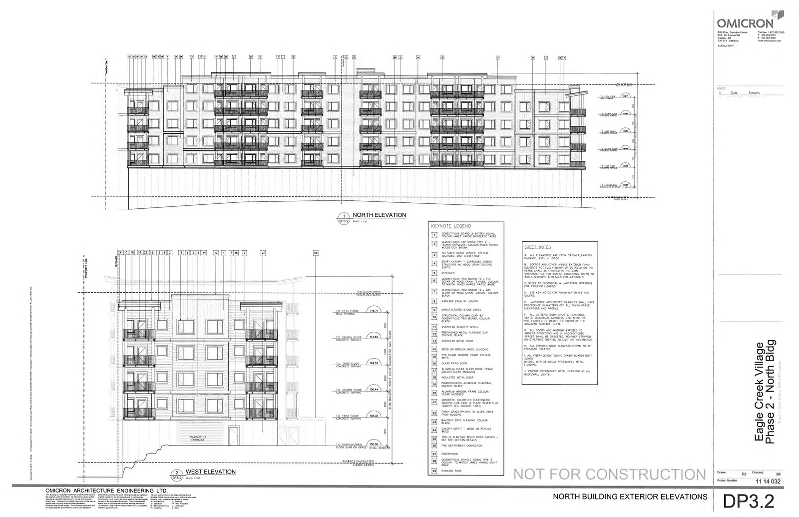 Architectural drawings of the North and West elevations for the North Building of Eagle Creek Village Phase 2, including keynote callouts and level markers.