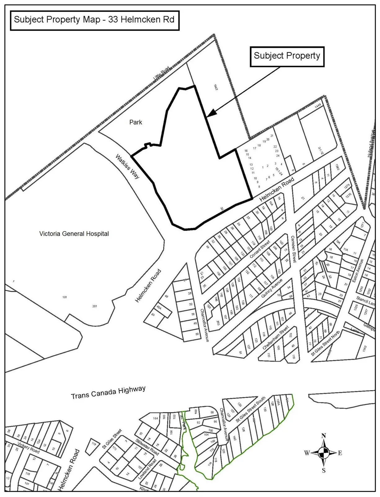 Subject Property Map for 33 Helmcken Rd, identifying the subject property location relative to Victoria General Hospital, Watkiss Way, Helmcken Road, and the Trans Canada Highway.