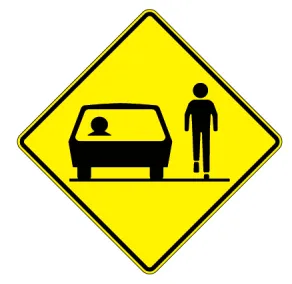 Yellow diamond warning sign depicting a car and a pedestrian