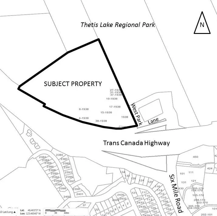 Location plan map showing the "Subject Property" at 1938 West Park Lane, situated between Thetis Lake Regional Park to the north and the Trans Canada Highway to the south, with Six Mile Road located to the east.