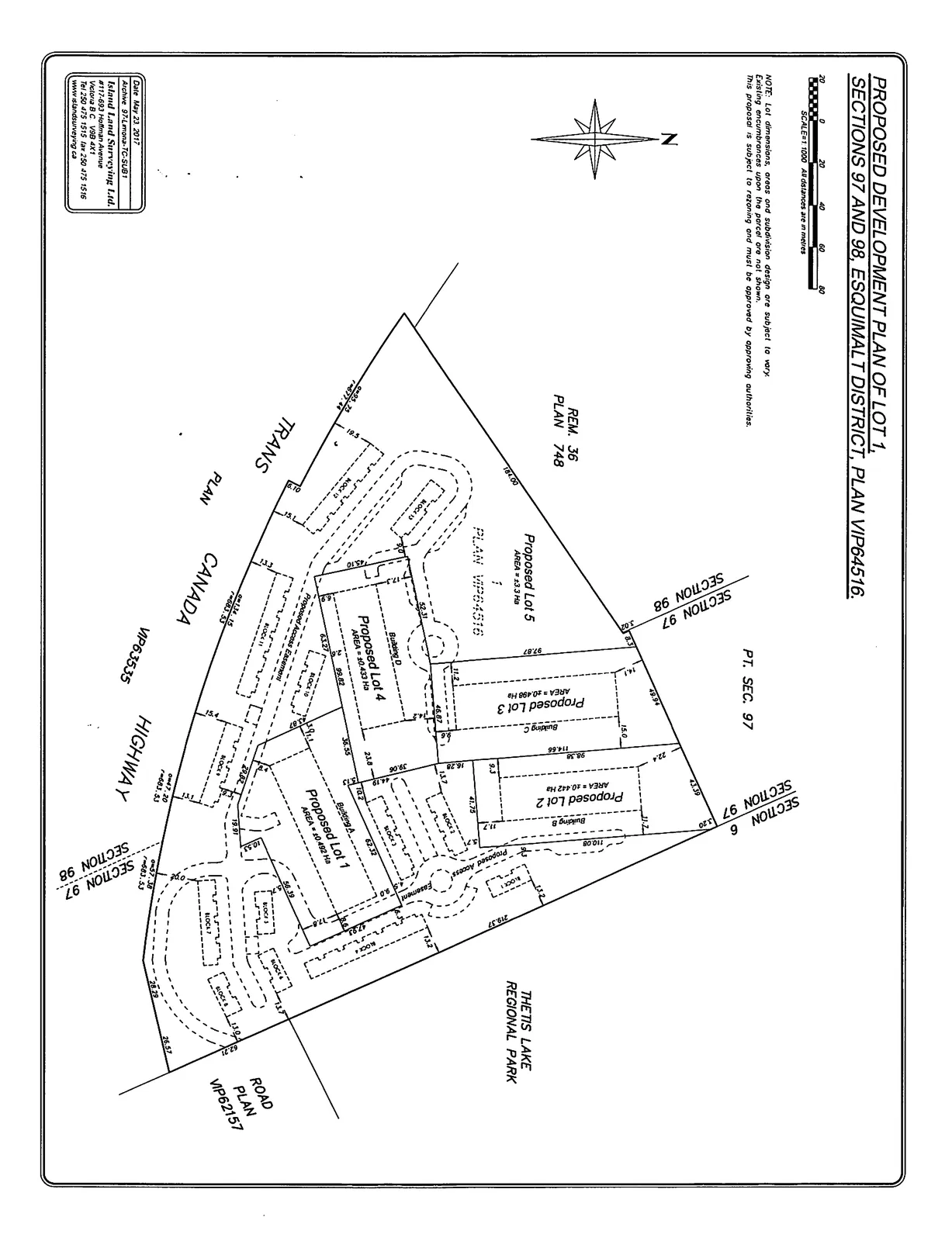 Proposed development plan map showing five proposed lots, building footprints for Buildings A, B, C, and D, various numbered blocks, and access easements. The site is bounded by the Trans Canada Highway to the west, Thetis Lake Regional Park to the east, and Road Plan VIP62157 to the south.