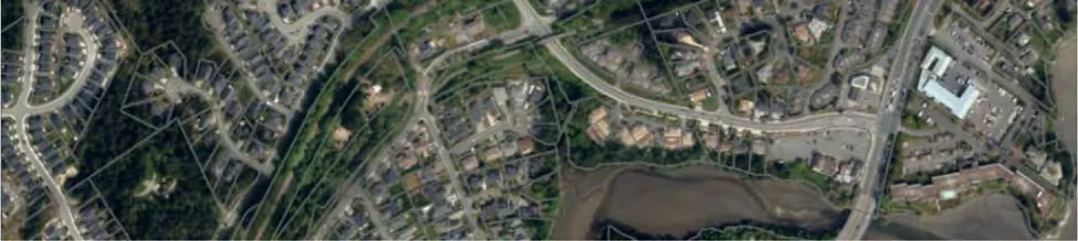 Bottom-middle segment of an aerial context map showing residential streets and building footprints