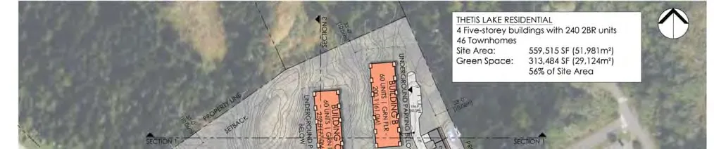 Top segment of a site plan showing "Thetis Lake Residential" project data and buildings B and C