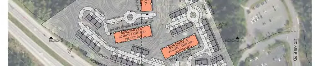 Middle segment of a site plan showing buildings A and D with underground parking layouts