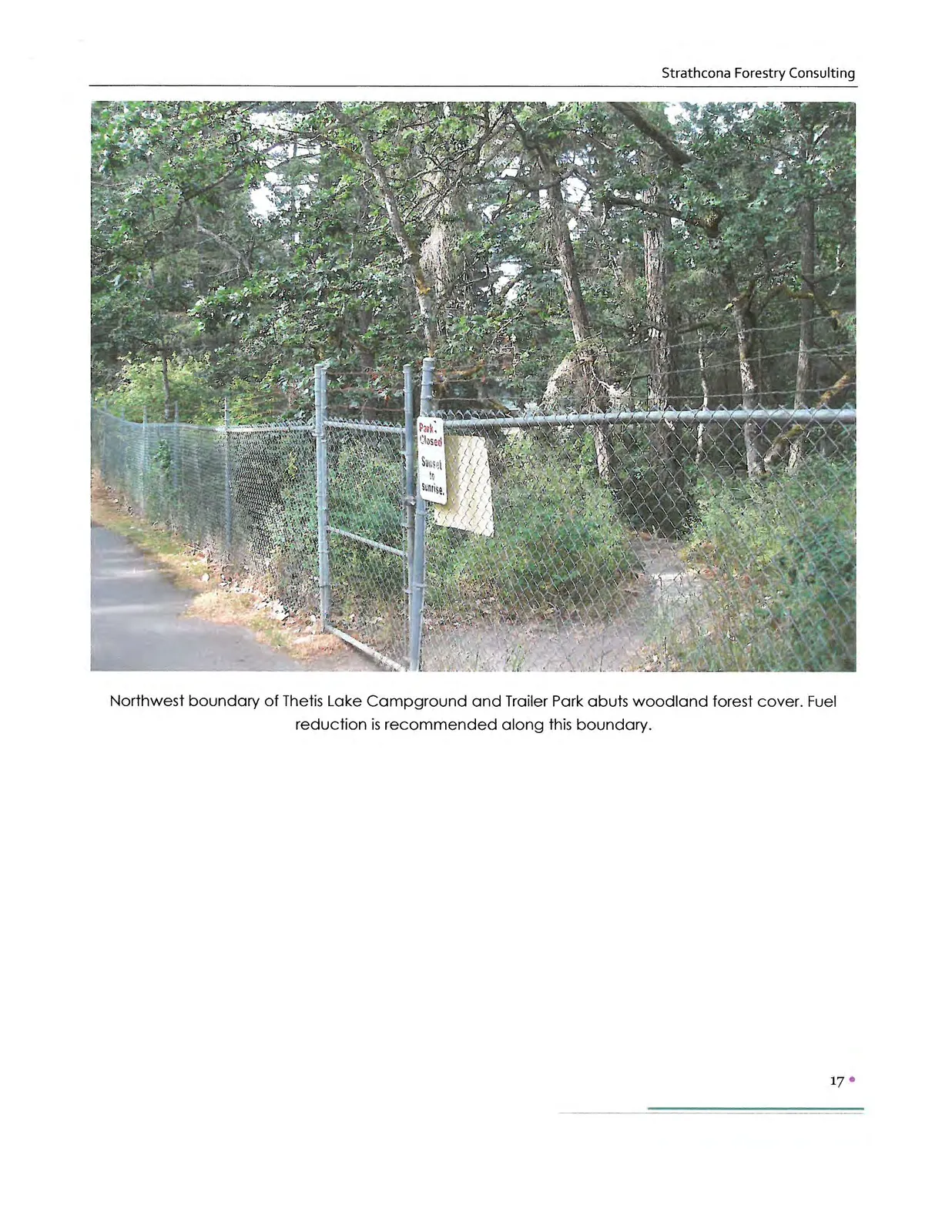 Northwest boundary of Thetis Lake Campground and Trailer Park abuts woodland forest cover. Fuel reduction is recommended along this boundary.