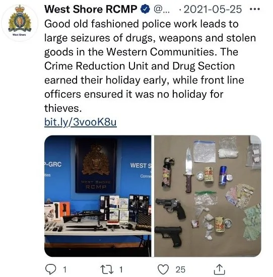 Screenshot of a Twitter post from West Shore RCMP on June 29, 2021, regarding the seizure of 1 kilogram of suspected cocaine with a street value of approximately $80,000