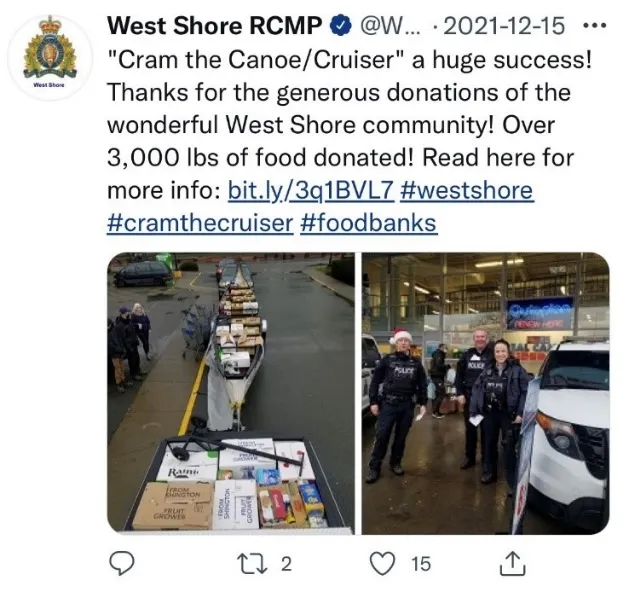 Screenshot of a Twitter post from West Shore RCMP on Dec 3, 2021, announcing the start of CounterAttack road checks targeting impaired drivers