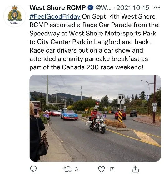 Screenshot of a Twitter post from West Shore RCMP on Dec 15, 2021, celebrating the success of the "Cram the Canoe/Cruiser" food drive with over 3,000 lbs of food donated