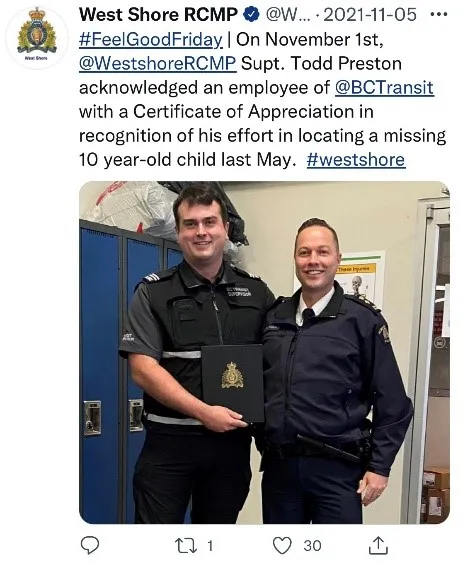 Screenshot of a Twitter post from West Shore RCMP on Nov 5, 2021, showing Supt. Todd Preston presenting a Certificate of Appreciation to a BC Transit employee