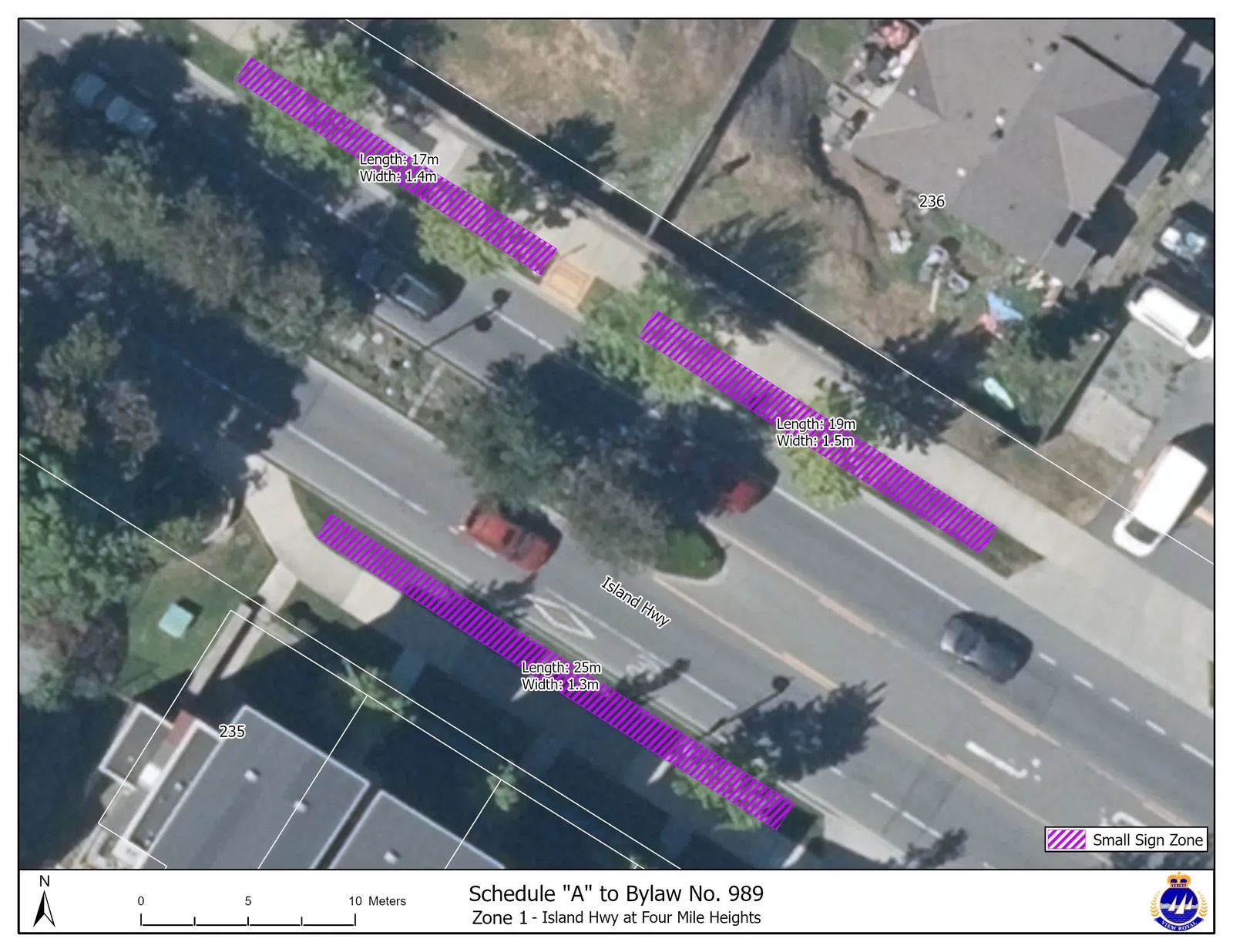 An aerial map of Zone 1 located on Island Hwy at Four Mile Heights, identifying three distinct purple-hatched "Small Sign Zones" with the following dimensions: length 17m and width 1.4m; length 19m and width 1.5m; and length 25m and width 1.3m.