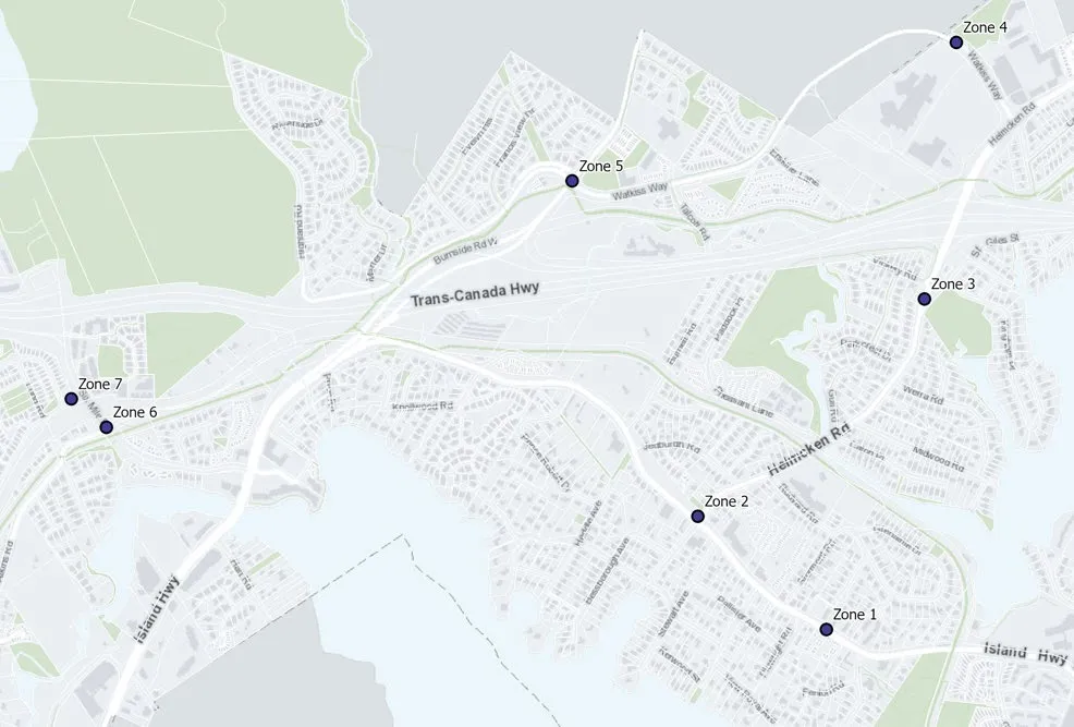 Key map showing the location of 7 permitted election sign zones in View Royal