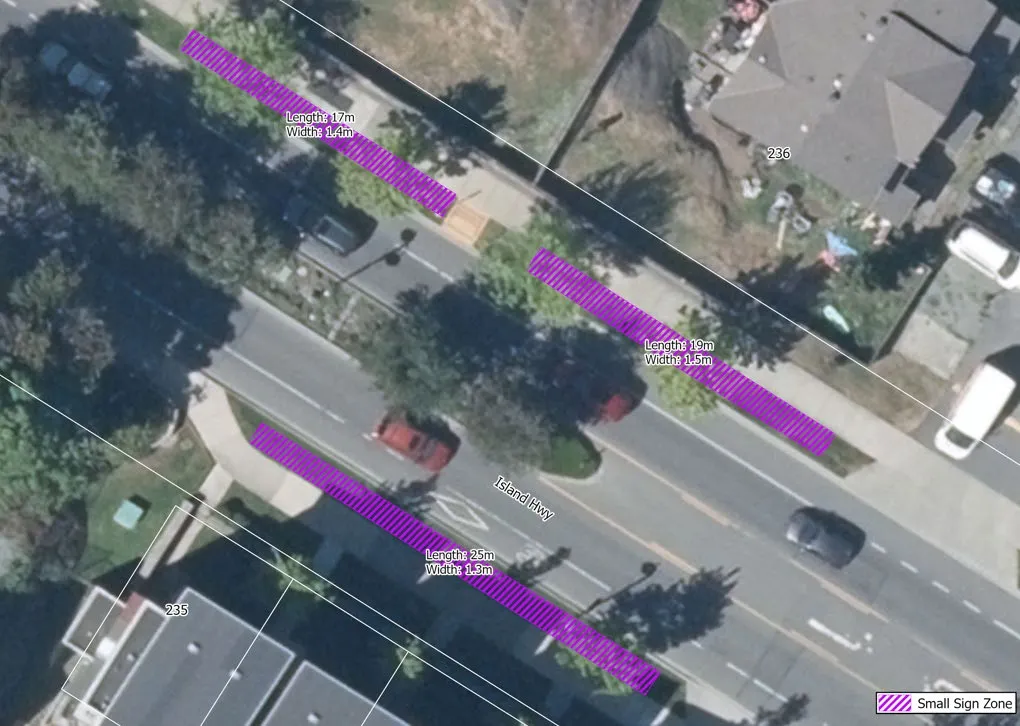 Aerial view of three small sign zones located on Island Highway at Four Mile Heights