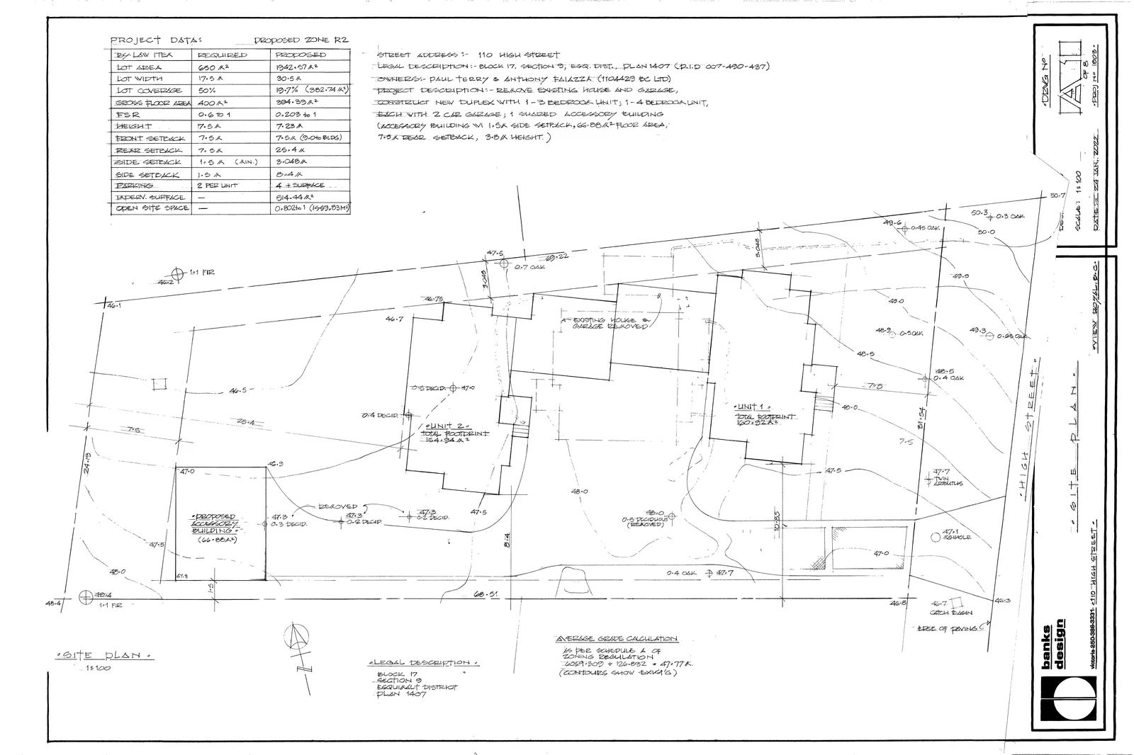 Site Plan for proposed duplex development at 110 High Street, showing building footprints for Unit 1 and Unit 2, a proposed accessory building, and topographical contours.