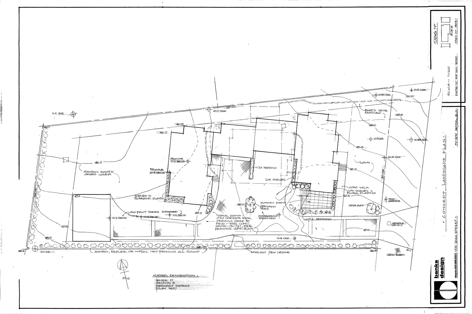 Concept Landscape Plan detailing the proposed vegetation, lawn areas, hedges, and paving materials for the site.