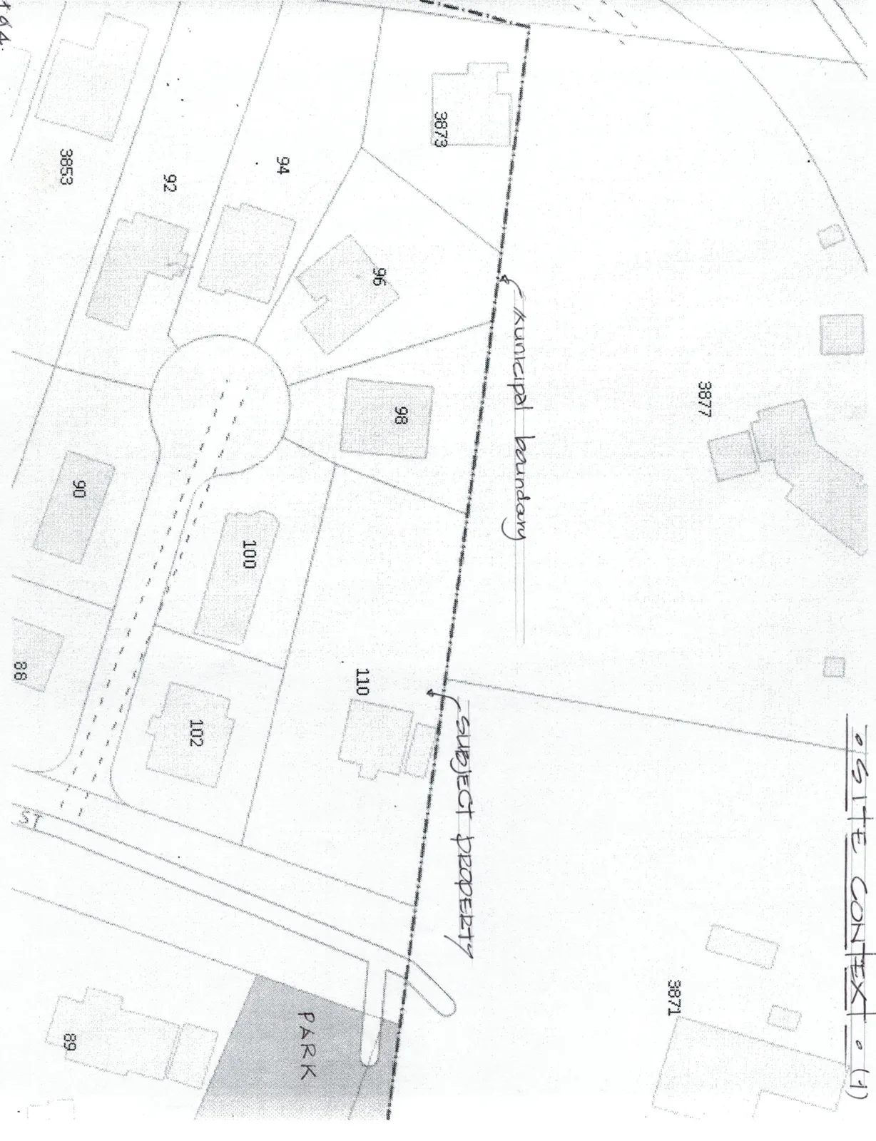 Site context map showing the subject property, municipal boundary, surrounding residential lots, and adjacent park.