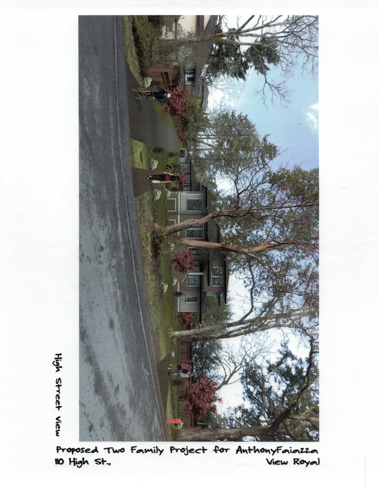 Street-level photo montage rendering showing the proposed development as seen from High Street, integrated with existing trees and landscaping