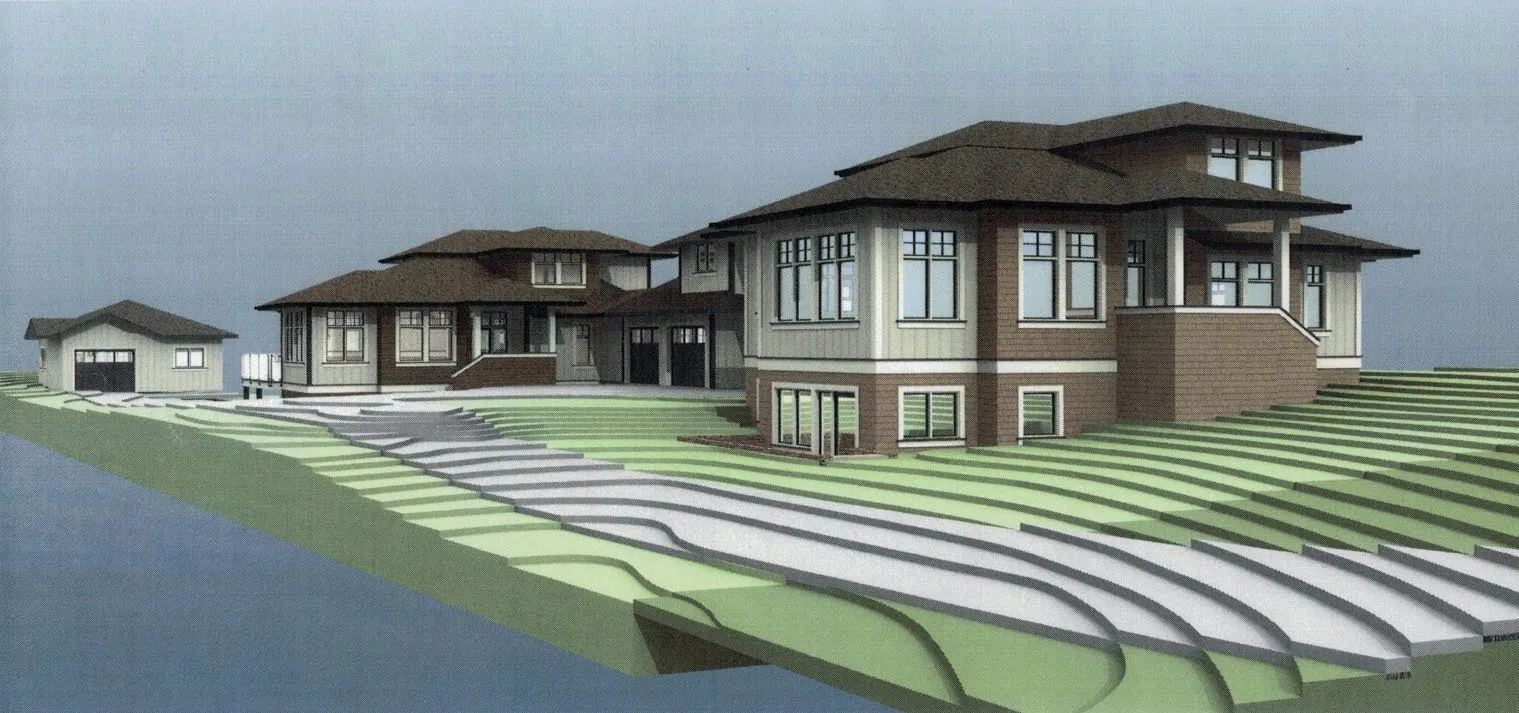 Architectural 3D rendering of the proposed duplex on a terraced, sloped landscape
