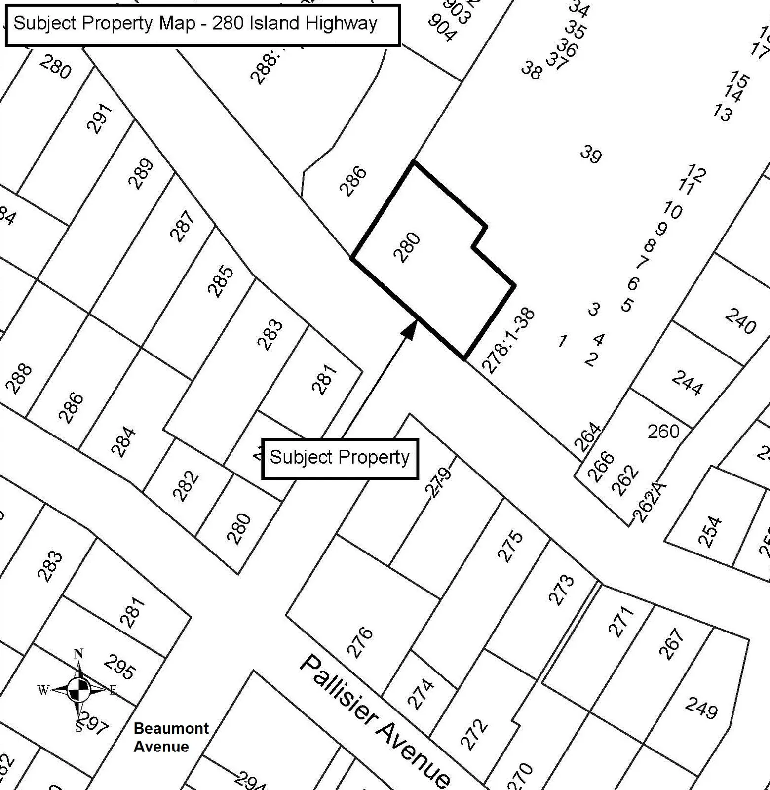 A property location map indicating the subject property at 280 Island Highway. The map shows lot boundaries, neighboring property addresses, street names including Beaumont Avenue and Pallisier Avenue, and a north arrow.