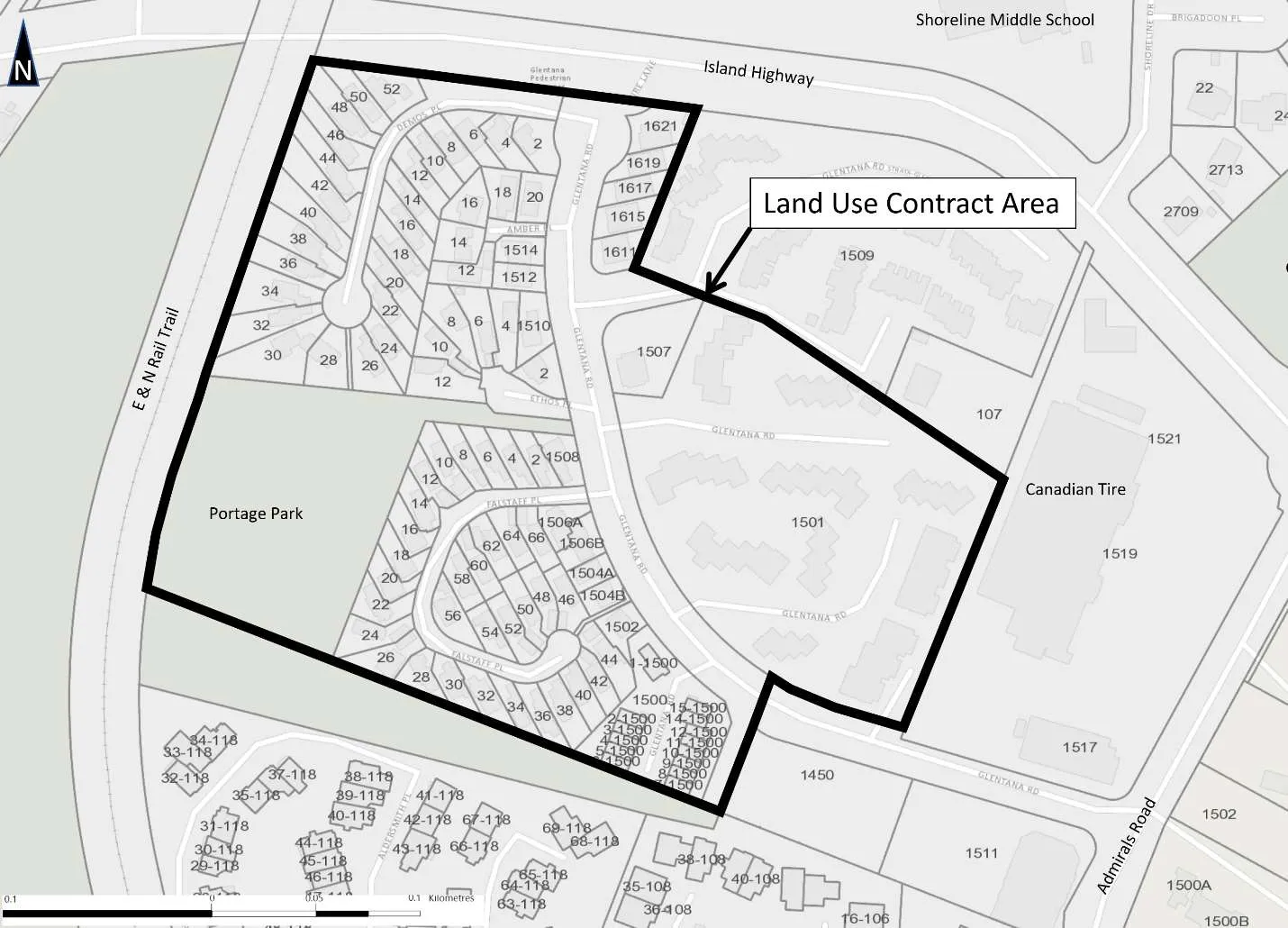 Map of the Glentana Village Land Use Contract area, showing property lots, Portage Park, and surrounding streets including Glentana Road, Island Highway, and Admirals Road.