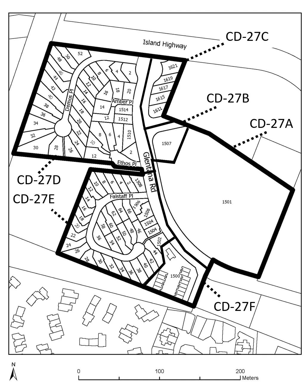 Map of Glentana Village showing the locations and boundaries of sub-zones CD-27A, CD-27B, CD-27C, CD-27D, CD-27E, and CD-27F