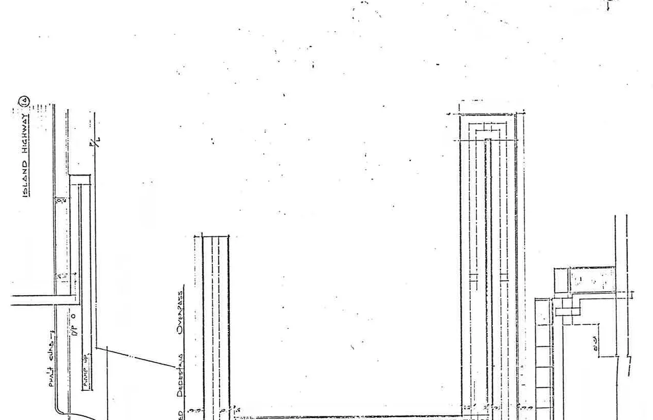 Plan view detail showing connection to Island Highway, including labels for "Asphalt curb," "Pump up," and "Ramp up"