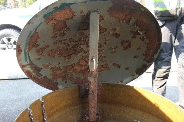 Before - badly corroded wet well lid at Glenairlie Pump Station