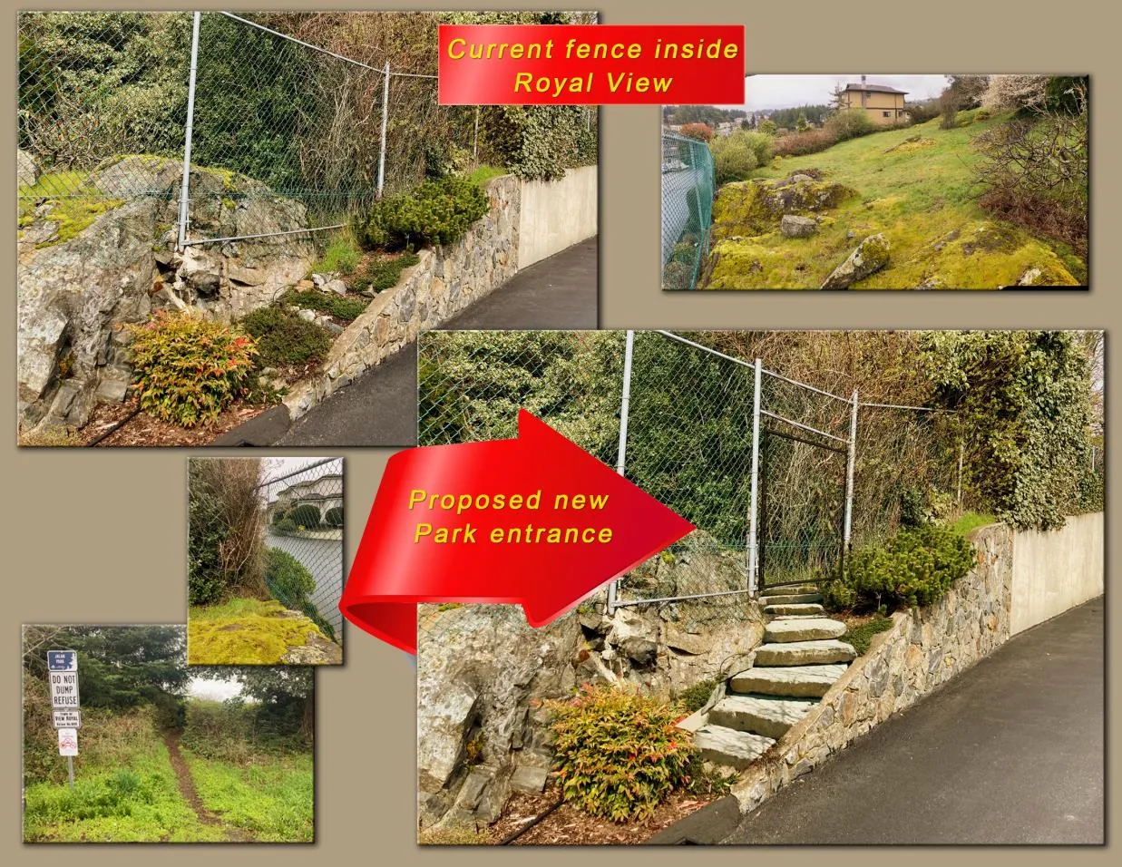 Photo labeled "Current fence inside Royal View" showing a chain-link fence on top of a rock wall