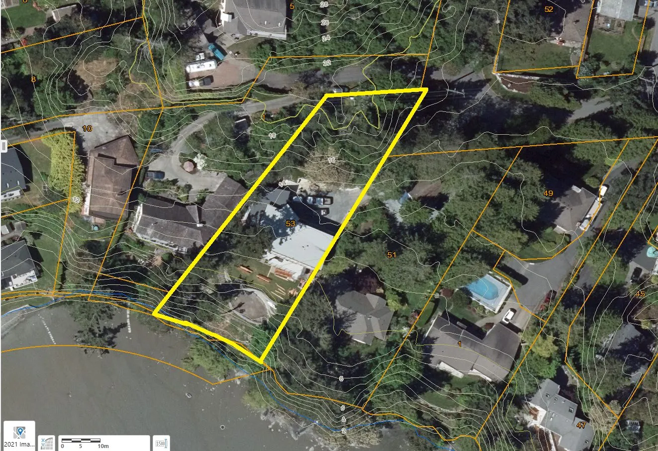 Aerial map showing property boundaries and topography for 53 Knollwood Road
