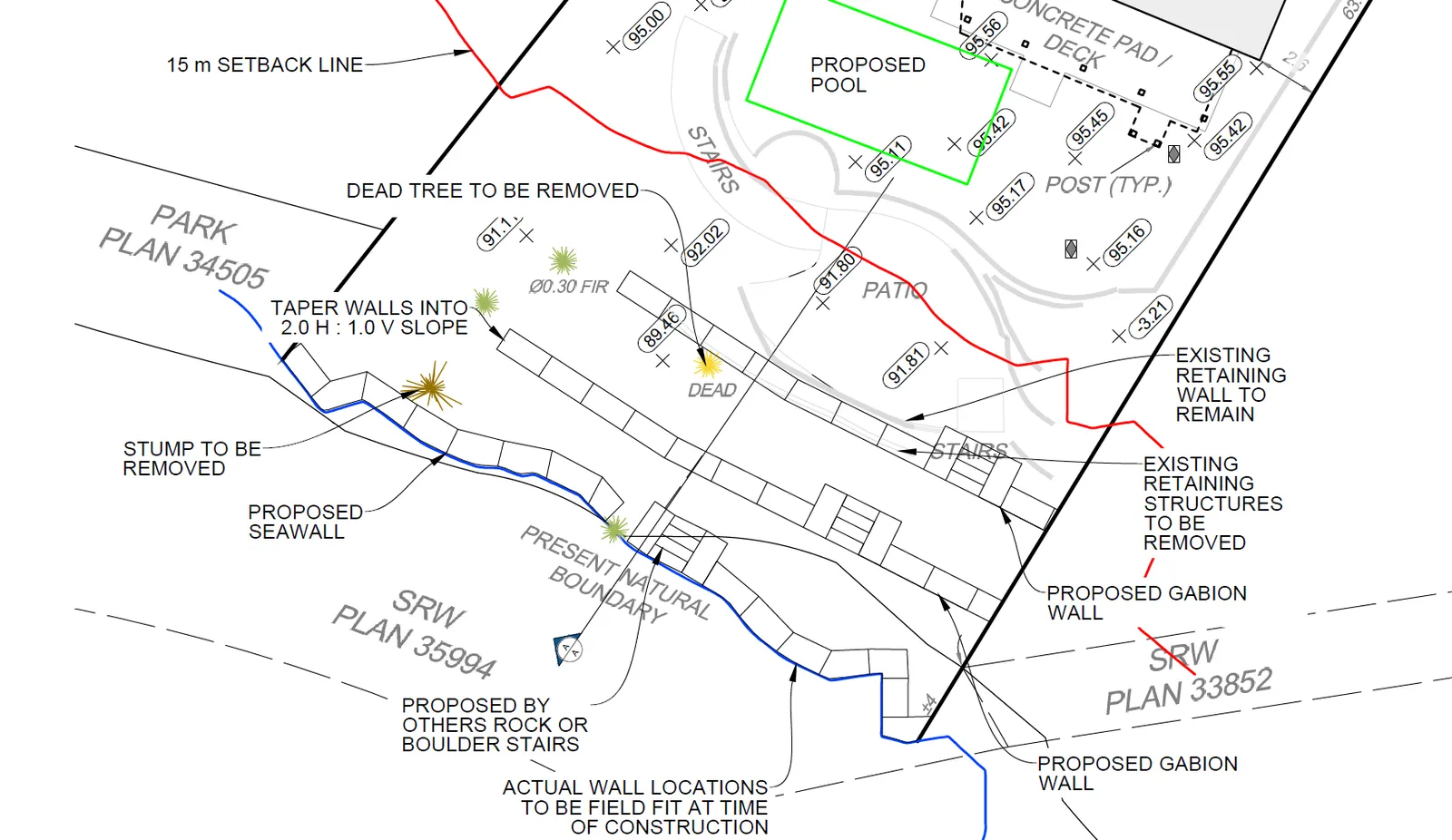 Technical site plan showing 15 m setback line, proposed seawall, gabion walls, and existing structures