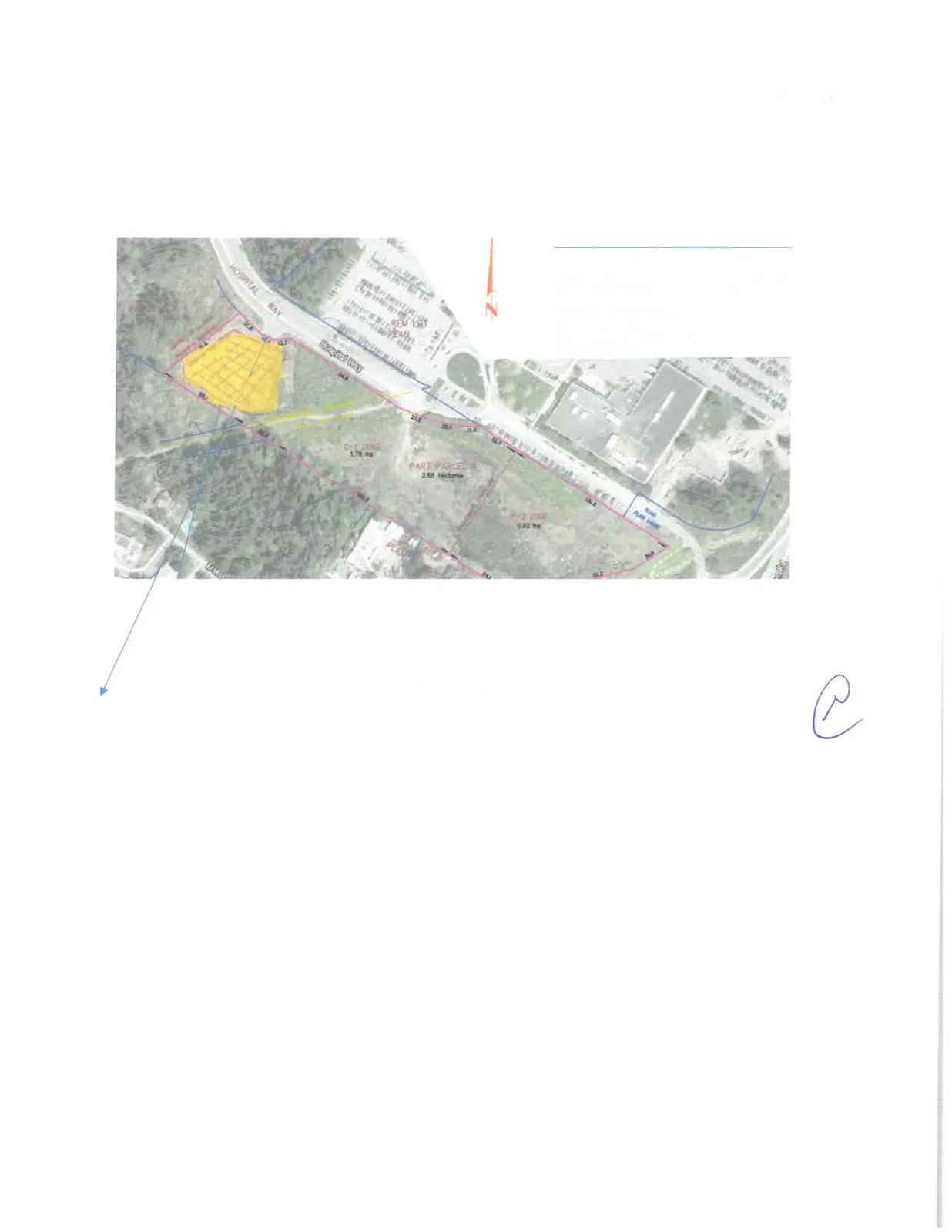 Aerial site plan map showing property boundaries, zones, and a highlighted parking area