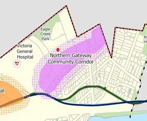 Figure 1 - 2022 Draft OCP Land Use Framework Schedule highlighting the Northern Gateway Community Corridor